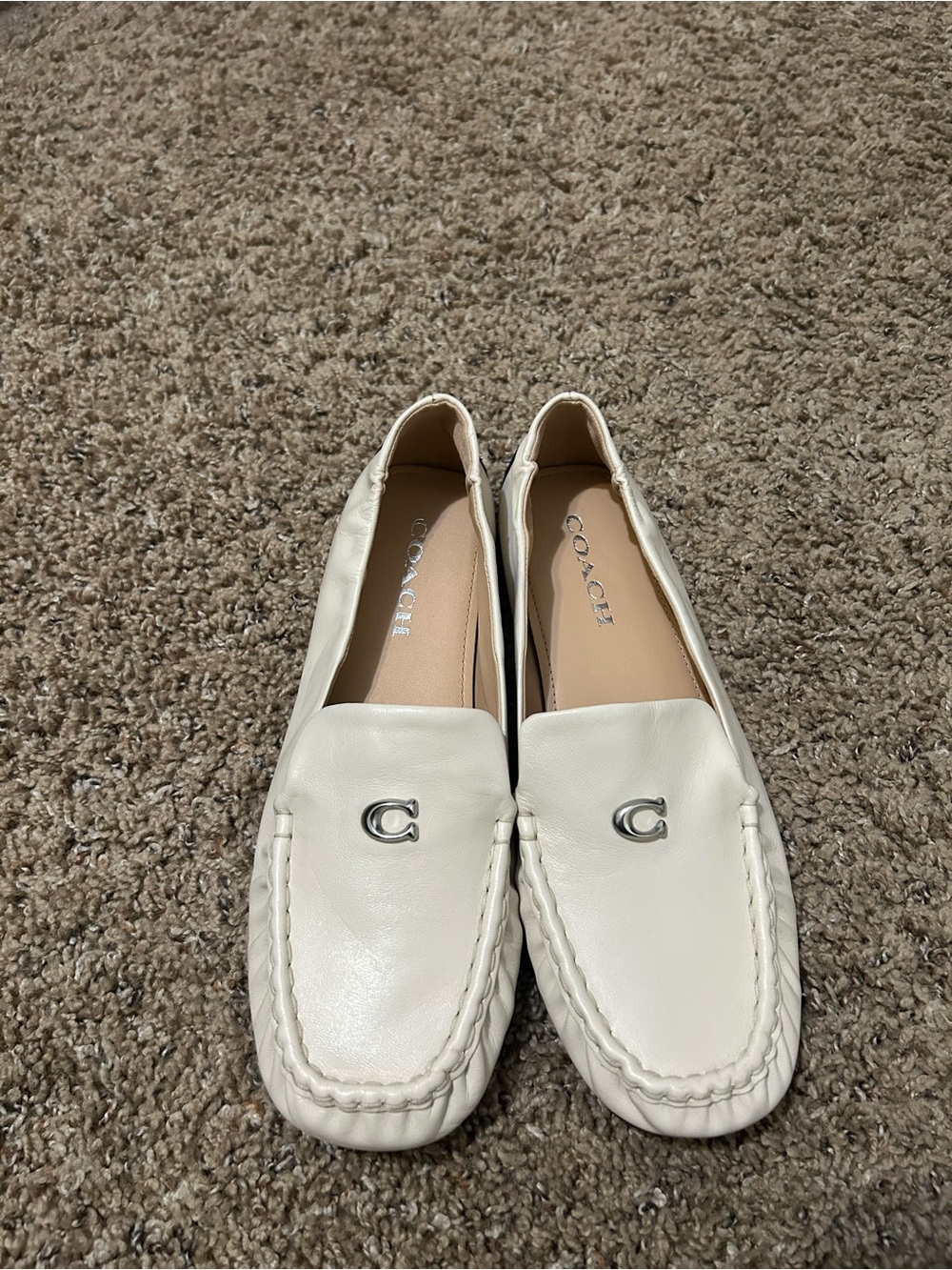 COACH Cream Leather Moccasin Loafers with Silver 'C' Accent